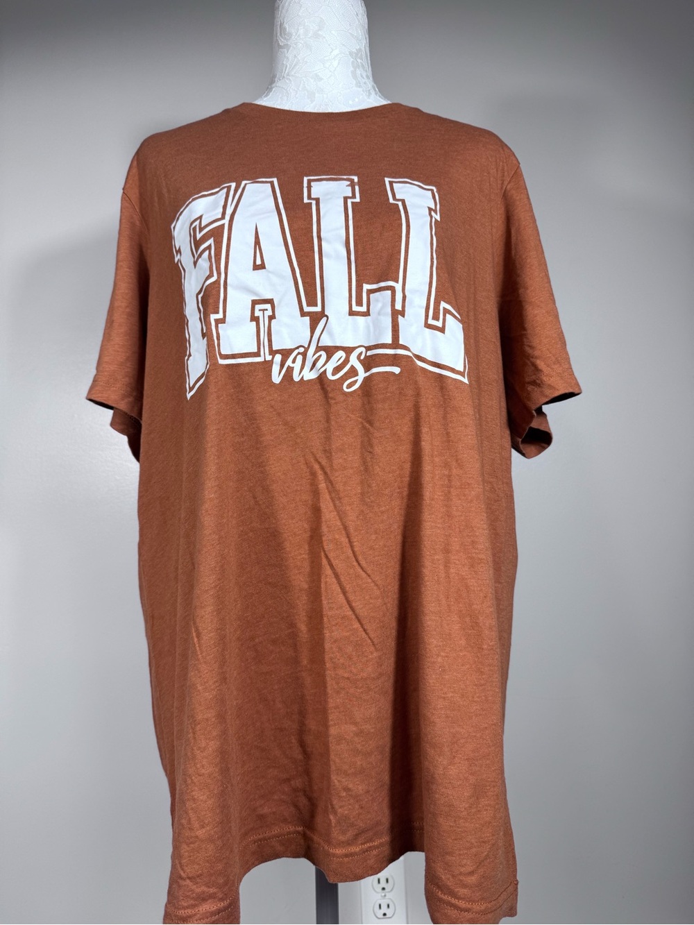 Bella Canvas Rust Short-Sleeve Tee with White "FALL vibes" Graphic